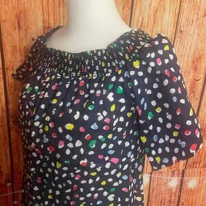 J Crew navy dot top size 2 smocked neckline off shoulder Ratti Cat Print cotton